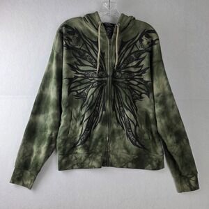 Thorn & Fable Mens Small Olive Tie Dye Skull Butterfly Graphic Zip Up Hoodie SM